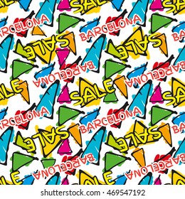 Triangle hand drawn vector seamless pattern with word sale. Gaudi mosaic pattern and word Barcelona. Antonio Gaudi pattern. Barcelona pattern