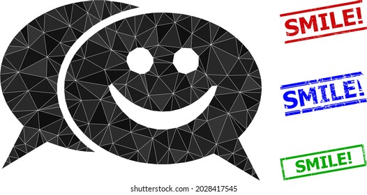 Triangle happy chat polygonal icon illustration, and textured simple Smile Exclamation. seals. Happy Chat icon is filled with triangles. Simple seals uses lines, rects in red, blue, green colors.
