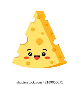 Triangle happy cheese with hole slice emoji vector icon isolated on white background. Kawaii smiling cute triangular piece of yellow cheese character. Organic milk food cartoon style illustration.