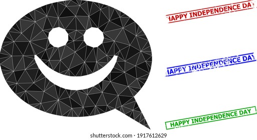 Triangle happy message polygonal icon illustration, and textured simple Happy Independence Day stamp seals. Happy Message icon is filled with triangles. Simple stamp seals uses lines, rects in red,