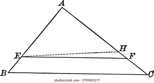 A triangle having parallel line EF and corner points A, B, O, vintage line drawing or engraving illustration.