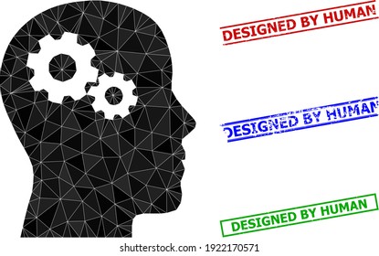 Triangle head gears polygonal icon illustration, and rubber simple Designed by Human rubber seals. Head Gears icon is filled with triangles. Simple seals uses lines, rects in red, blue, green colors.