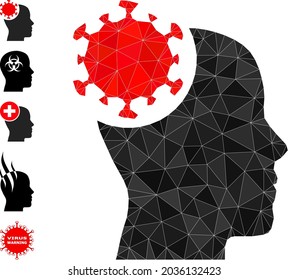 Triangle Head Virus polygonal Symbol Illustration und ähnliche Symbole. Head-Virus ist voller Dreiecke. Low-Poly-Kopf-Virus, konstruiert mit chaotischen gefüllten Dreiecken.