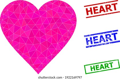 Triangle heart polygonal icon illustration, and grunge simple Heart rubber seals. Heart icon is filled with triangles. Simple stamp seals uses lines, rects in red, blue, green colors.