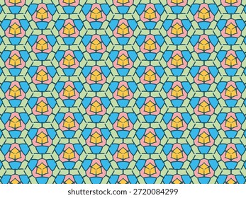 Triángulo y hexágono patrón de mosaico decorar diseño. arte, americano, africano, color, azteca, geometrías, interiores, amarillo, ilustración, azul, naranja, rosa, mosaico, patrón de mosaico, doodle, envoltura, garabatos, decoración