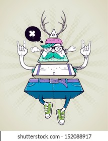 Triangle hipster bizarre character. Hand-drawn poster with graffiti hipster dude. Vector illustration.