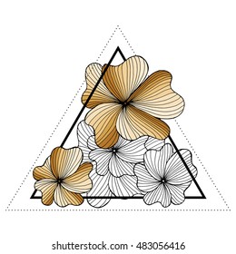 Triangle hipster design. Blackwork tattoo flash. orange flowers with sacred geometry. Tattoo design, mystic symbol. Boho design. Print, posters, t-shirts and textiles.