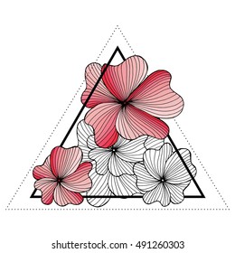 Triangle hipster design. Blackwork tattoo flash. Colorfule flowers with sacred geometry. Tattoo design, mystic symbol. Boho design. Print, posters, t-shirts and textiles.