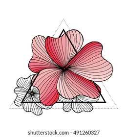 Triangle hipster design. Blackwork tattoo flash. Colorfule flowers with sacred geometry. Tattoo design, mystic symbol. Boho design. Print, posters, t-shirts and textiles.