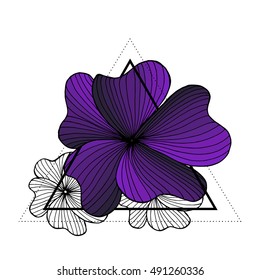 Triangle hipster design. Blackwork tattoo flash. Colorfule flowers with sacred geometry. Tattoo design, mystic symbol. Boho design. Print, posters, t-shirts and textiles.