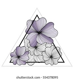Triangle hipster design. Blackwork tattoo flash. Colorful flowers with sacred geometry. Tattoo design, mystic symbol. Boho design. Print, posters, t-shirts and textiles.