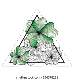 Triangle hipster design. Blackwork tattoo flash. Colorful flowers with sacred geometry. Tattoo design, mystic symbol. Boho design. Print, posters, t-shirts and textiles.