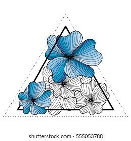 Triangle hipster design. Blackwork tattoo flash. Colorful flowers with sacred geometry. Tattoo design, mystic symbol. Boho design. Print, posters, t-shirts and textiles.