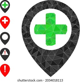 Triangle hospital map pointer polygonal 2d illustration, and similar icons. Hospital Map Pointer is filled with triangles. Lowpoly hospital map pointer constructed with scattered colored triangles.