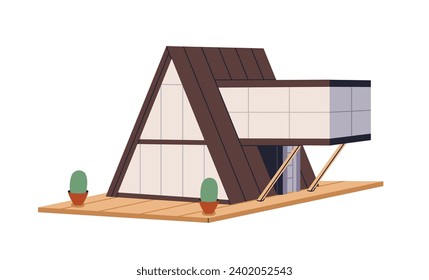 Triangle house. A-frame home building architecture. Modern construction exterior, outdoor view. Contemporary real estate from wood, glass. Flat graphic vector illustration isolated on white background