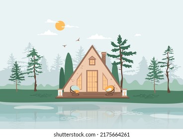 Triangle house with lounge zone on the shore of the lake. Outdoor weekend, holiday in the forest concept. Cute cottage with chairs on terrace. Picturesque countryside  landscape. Vector illustration