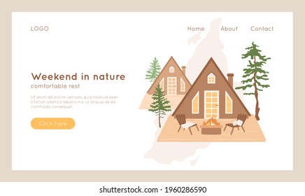 Triangle House With Terrace, Fire Pit And Lounge Chairs. Concept Of Summer Glamping In Forest. Private Hotel Cabins. Luxury Patio, Fir Trees. Vacation, Weekend, Outdoor Recreation Banner.