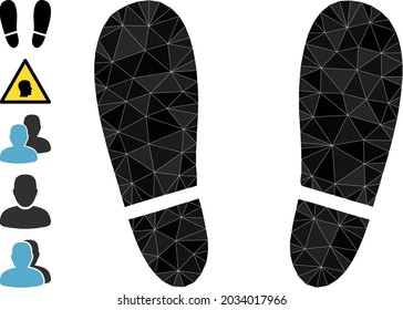 Triangle menschlichen Fußspuren polygonal Symbol Illustration und ähnliche Symbole. Menschliche Fußspuren sind voller Dreiecke. Low-Poly-menschliche Fußabdrücke, konstruiert mit zufälligen Farbdreiecken.