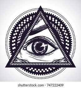 Triangle with hypnotic circles and eye. Vector isolated illustration. All seeing eye. Symbol of yoga. New World Order. Hand drawn detailed isolated vector illustration.Print for t-shirt. Boho chic