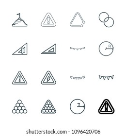 Triangle icon. collection of 16 triangle outline icons such as billiards, circle intersection, ruler, circle, warning, party flag. editable triangle icons for web and mobile.