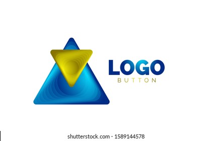 Plantilla de logotipo geométrico del icono del triángulo. Diseño geométrico mínimo, símbolo de negrita geométrica 3d en estilo de relieve con efecto de combinación de colores. Ilustración vectorial para botón, cartel, fondo, aterrizaje
