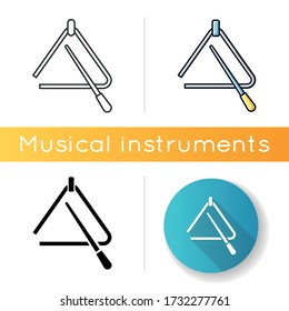 Triangle icon. Percussion tool for acoustic band performance. Orchestral musical instrument. Play music beat and rhythm. Linear black and RGB color styles. Isolated vector illustrations