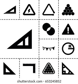 Triangle icon. set of 13 filled triangleicons such as triangle ruler, ruler, billiards, circle intersection, party flag, voltage warning, circle