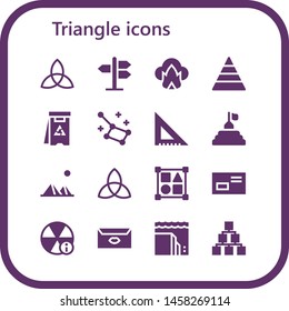 triangle icon set. 16 filled triangle icons.  Collection Of - Triquetra, Road sign, Dangerous, Pyramid, Danger, Constellation, Set square, Pyramids, Shapes, Letter, Alert, Landslide