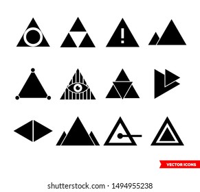 Triangle icon set of black and white types. Isolated vector sign symbols. Icon pack.