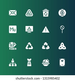 triangle icon set. Collection of 16 filled triangle icons included Billiard, Nachos, Reuse, Hierarchical structure, Triquetra, Recycle, Recycling, Letter, Street sign, Alert, Error