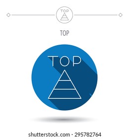 Triangle icon. Top or best result sign. Success symbol. Blue flat circle button. Linear icon with shadow. Vector