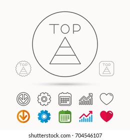 Triangle icon. Top or best result sign. Success symbol. Calendar, Graph chart and Cogwheel signs. Download and Heart love linear web icons. Vector