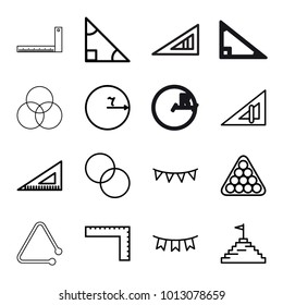 Triangle icons. set of 16 editable outline triangle icons such as ruler, billiards, circle intersection, circle, party flag