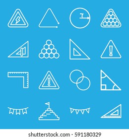 triangle icons set. Set of 16 triangle outline icons such as ruler, billiards, circle intersection, warning, party flag, voltage warning, pyramid flag