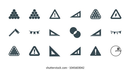 Triangle icons. set of 18 editable filled triangle icons: billiards, circle intersection, ruler, warning, party flag, voltage warning
