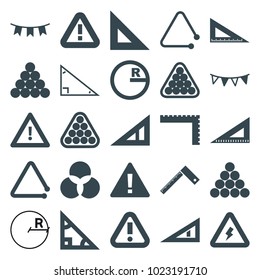 Triangle icons. set of 25 editable filled triangle icons such as ruler, billiards, warning, circle, party flag, voltage warning