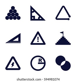 triangle icons set. Set of 9 triangle filled icons such as circle intersection, ruler, warning, voltage warning, pyramid flag