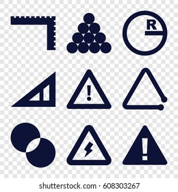 Triangle icons set. set of 9 triangle filled icons such as ruler, circle intersection, warning, voltage warning
