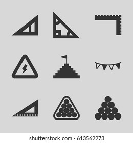 Triangle icons set. set of 9 triangle filled icons such as ruler, billiards, party flag, voltage warning