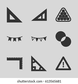 Triangle icons set. set of 9 triangle filled icons such as ruler, billiards, circle intersection, warning