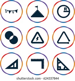 Triangle icons set. set of 9 triangle filled icons such as ruler, circle intersection, party flag, voltage warning, pyramid flag