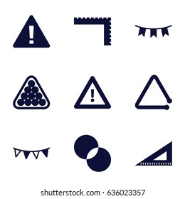 Triangle icons set. set of 9 triangle filled icons such as ruler, billiards, circle intersection, warning, triangle musical instrument