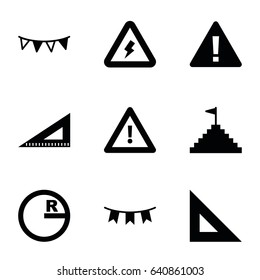 Triangle icons set. set of 9 triangle filled icons such as ruler, warning, party flag, voltage warning, pyramid flag