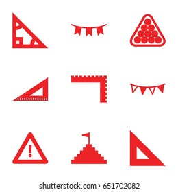 Triangle icons set. set of 9 triangle filled icons such as ruler, billiards, warning, party flag, pyramid flag