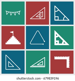 Triangle icons set. set of 9 triangle filled and outline icons such as ruler, pyramid flag