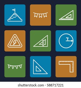 triangle icons set. Set of 9 triangle outline icons such as triangle ruler, ruler, party flag, voltage warning, pyramid flag