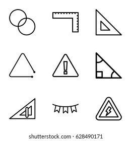 Triangle icons set. set of 9 triangle outline icons such as ruler, circle intersection, party flag, voltage warning