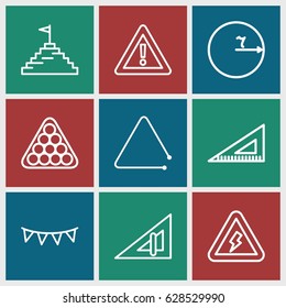 Triangle icons set. set of 9 triangle outline icons such as billiards, ruler, warning, party flag, voltage warning, pyramid flag