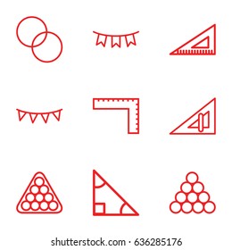 Triangle icons set. set of 9 triangle outline icons such as ruler, billiards, circle intersection