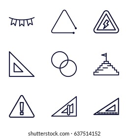 Triangle icons set. set of 9 triangle outline icons such as circle intersection, ruler, party flag, voltage warning, pyramid flag